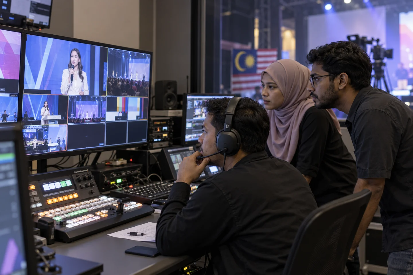 Semakan sumber video bersama kru produksi