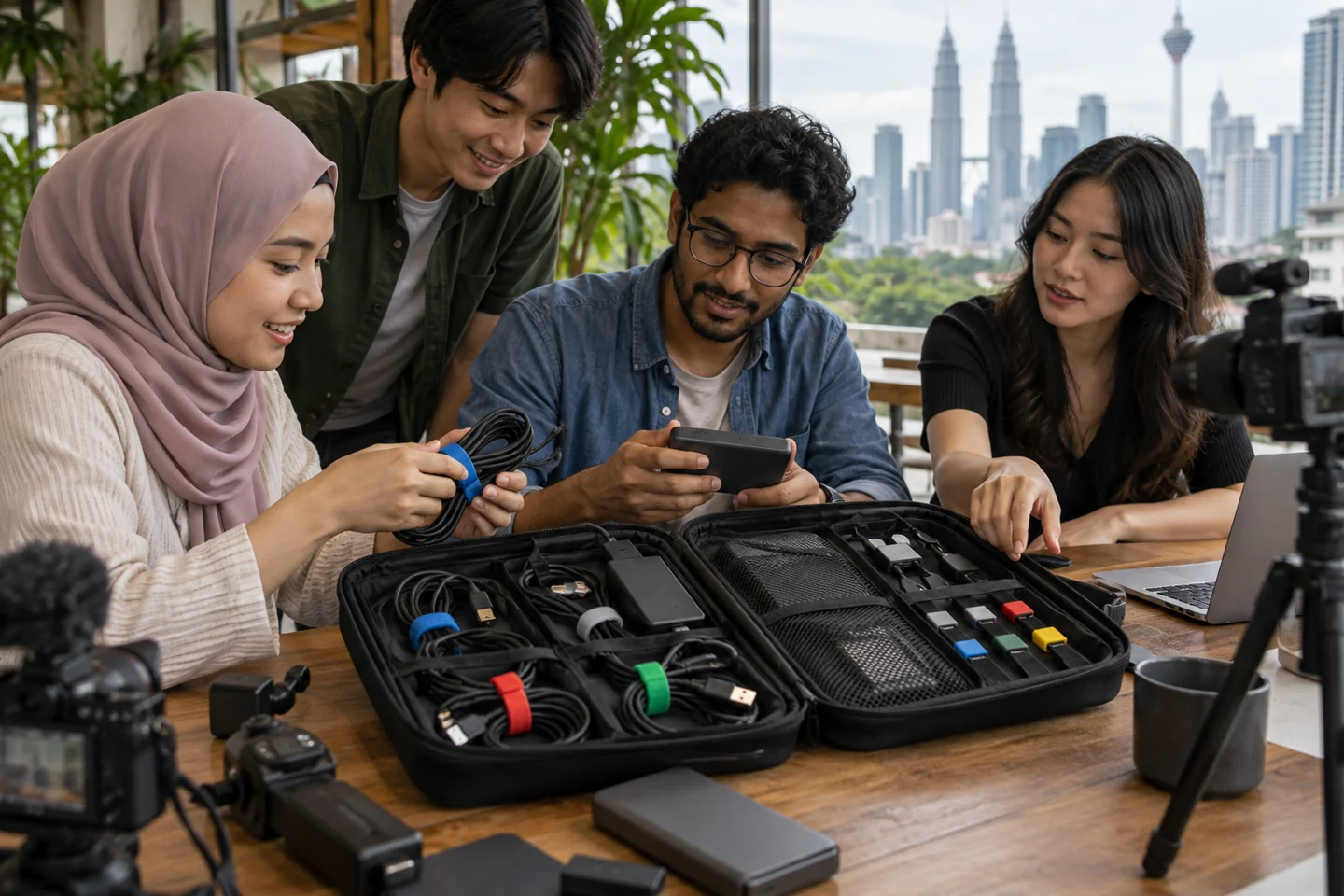 Kabel dan penyesuai sandaran disusun dalam bekas Kabel dan penyesuai sandaran disusun dalam bekas